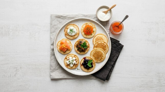 A plate of mini pancakes with various toppings, including fresh vegetables, herbs, and a dollop of sour cream.