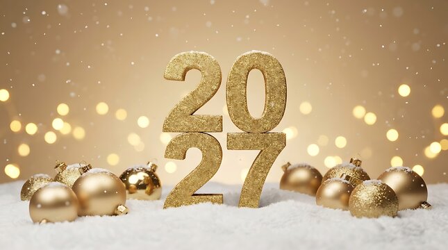 Golden 2027 numbers with christmas ornaments on snow