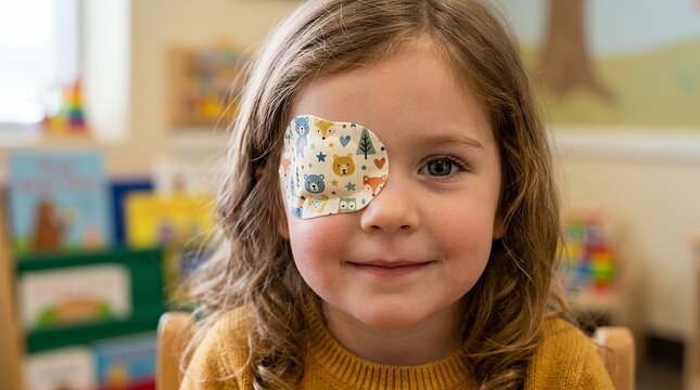 Young girl with colorful butterfly eye patch for pediatric vision therapy close-up portrait