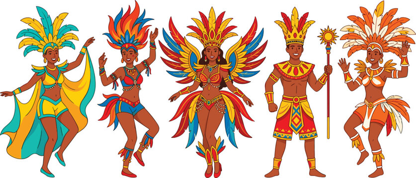 Set of Brazilian Carnival Dancers Wearing Colorful Feather Costumes and Headdresses for Rio Festival Celebration and Party Vector Illustration