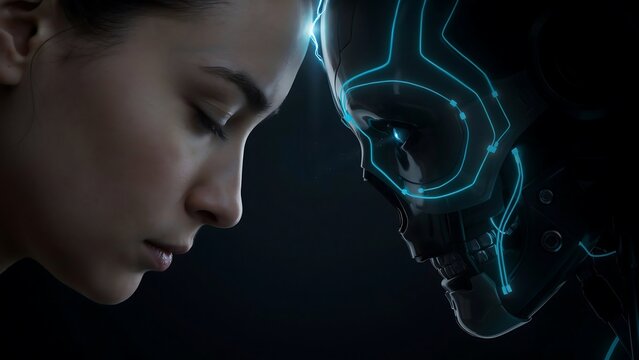 Person with futuristic cybernetic face overlay
