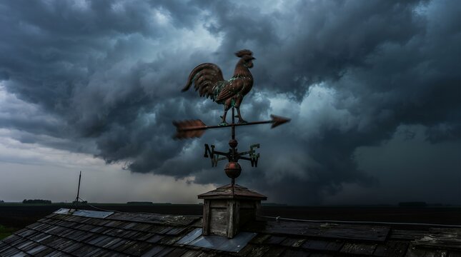 Seagull perched on rustic weather vane as storm clouds gather ominously overhead