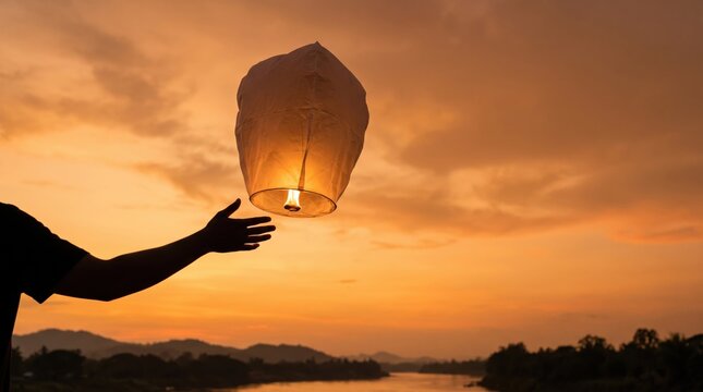 Silhouette of hand holding glowing sky lantern against dramatic orange sunset sky, representing wishes, spirituality, celebration, and cultural traditions, peaceful evening