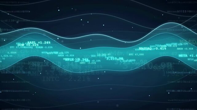 Abstract digital financial data visualization with flowing blue waves and stock market ticker numbers