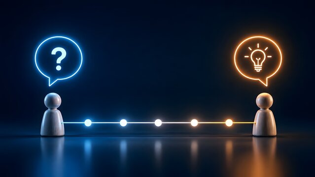 Problem solving and communication concept showing wooden figures connected by a glowing line exchanging a question for a brilliant idea.