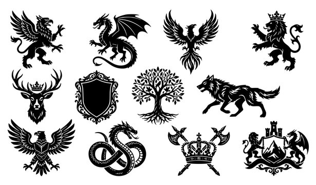 Medieval Heraldic Griffins Dragons Phoenix Fantasy Black Silhouette Vector Set