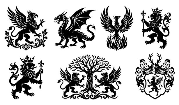 Medieval Fantasy Heraldic Griffins Dragons Phoenix Royal Crest Vector Collection