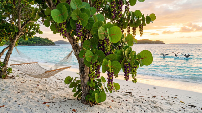 Tropical sea grape tree with a hanging hammock on a serene white sand beach landscape