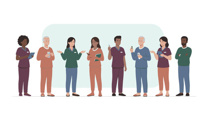 Obraz premium Diverse group of medical professionals and patients in scrubs and casual clothes standing together in a line.
