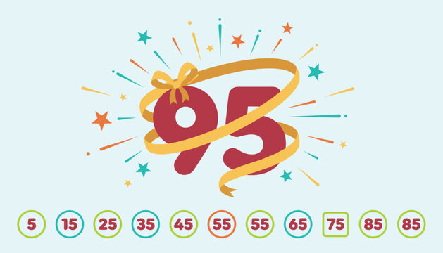 Celebratory illustration of the number ninety-five wrapped in a golden ribbon with fireworks and stars on light blue.