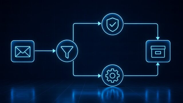 Futuristic glowing blue neon flowchart showing automated email filtering, cybersecurity protection, and digital data archiving process system.