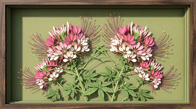 Beautiful pink cleome flowers arranged in elegant layered paper craft style inside wooden shadow box frame