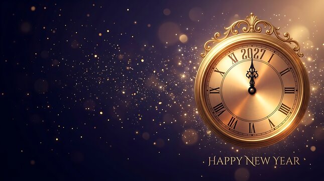 Golden clock showing 2027 new year celebration with glowing sparkles