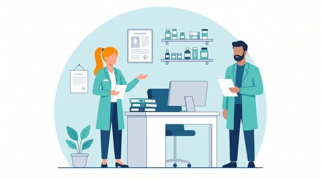 Two doctors discussing medical records in clinic