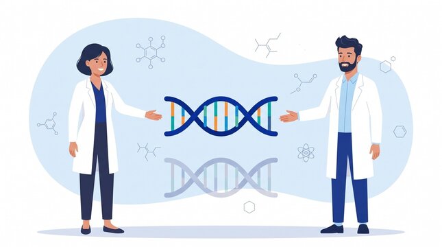 Scientist and man discussing dna illustration