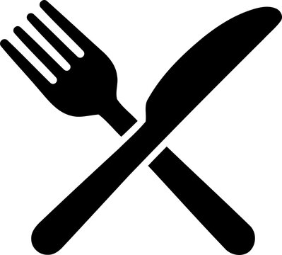 Black fork and knife icon crossed for restaurant sign isolated on transparent background