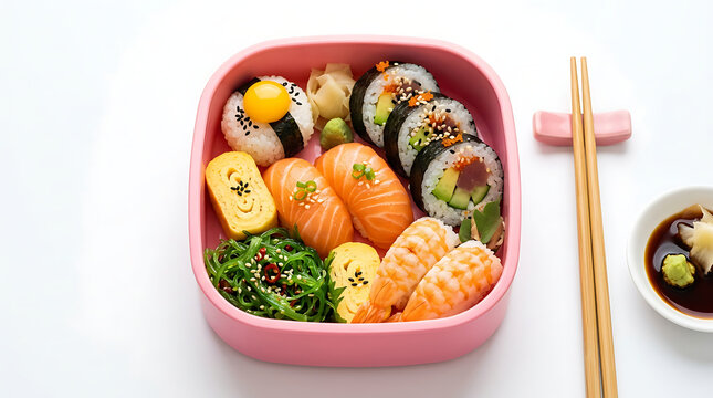 Pink bento box filled with assorted sushi and sides