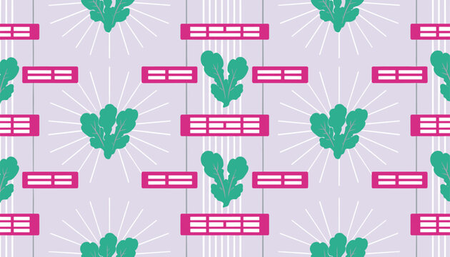 Fresh green kale leaves arranged in a repeating pattern alongside pink rectangular blocks on purple.