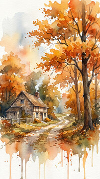 Cozy stone cottage with smoking chimney by a winding country road among golden autumn trees, peaceful watercolor landscape vertical wallpaper for phone screen.