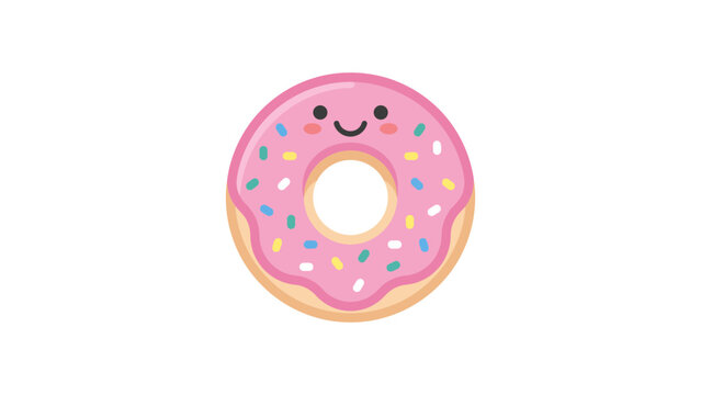 Glazed pink donut character with sprinkles and happy face.