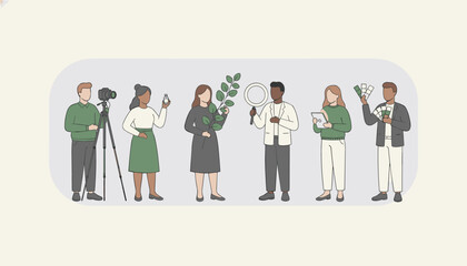 Fototapeta premium Diverse group of professional creative workers holding various tools representing diverse artistic careers.