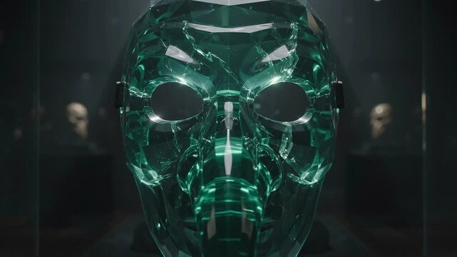 Emerald green crystal plague doctor mask in dark museum spotlight