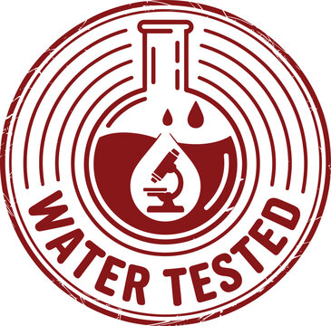 Water tested seal featuring a scientific laboratory flask with a microscope inside and dripping water, indicating liquid resistance and quality assurance.