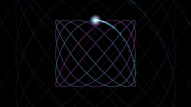Abstract glowing neon particles moving in a complex geometric spiral pattern on black background