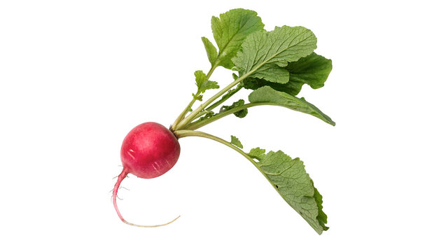 Fresh organic red radish with green leaves isolated on transparent background