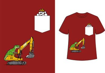 Funny T-Rex dinosaur driving excavator digger vector illustration with pocket detail for kids t-shirt apparel design © Hector