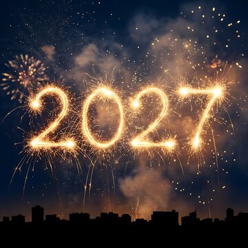 2027 new year celebration with sparkling numbers over a city skyline