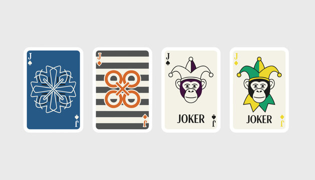 Row of four stylized playing cards featuring geometric designs and playful cartoon monkey jokers on a gray background.