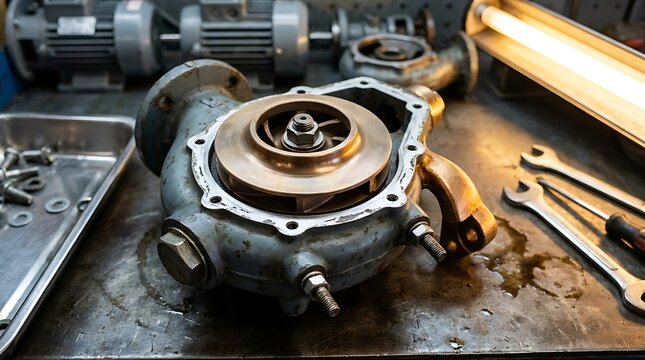 Industrial water pump disassembly displaying bronze impeller inside cast iron casing on metal workbench beside wrenches and disassembled mechanical components.
