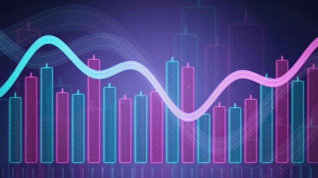 Abstract digital financial data visualization with glowing neon bars and flowing wave lines on dark background
