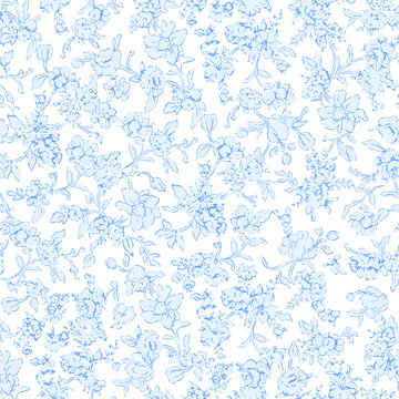 Delicate blue floral pattern on white background with soft focus and intricate detail for feminine design
