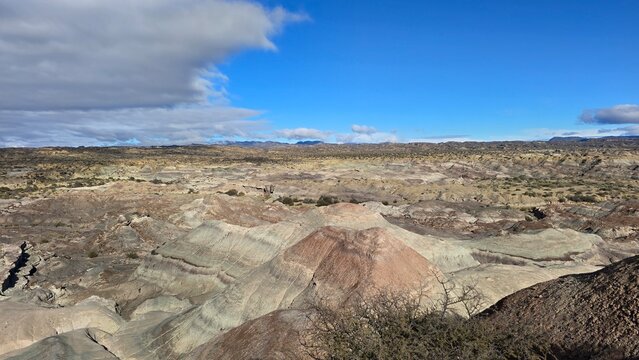 Vast eroded badlands landscape in Ischigualasto UNESCO World Heritage Site.