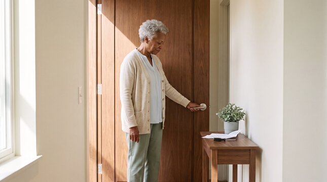 A senior woman with grey hair stands in a bright, sunlit hallway, reaching to turn the handle of a wooden door next to a small console table.