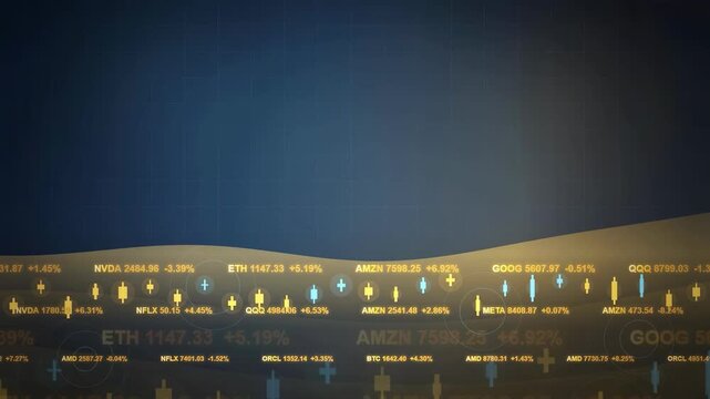 Digital stock market data screen with scrolling financial tickers and fluctuating trading graphs