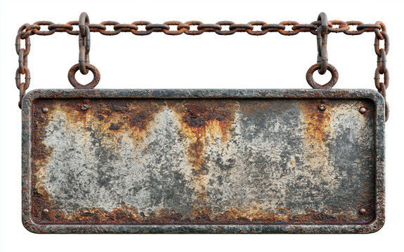 Blank rusty metal sign hanging on chains, providing an antique surface and copy space