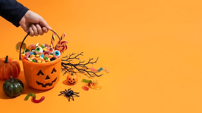 Hand holding a jackolantern bucket filled with halloween candy