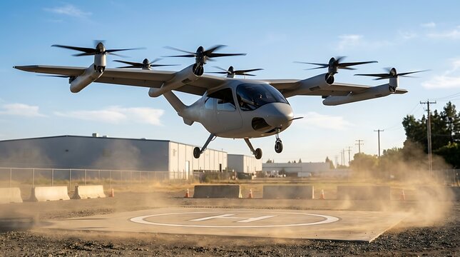 Futuristic electric vertical takeoff aircraft hovering above outdoor landing pad creating dust swirl during automated flight testing near industrial facility.