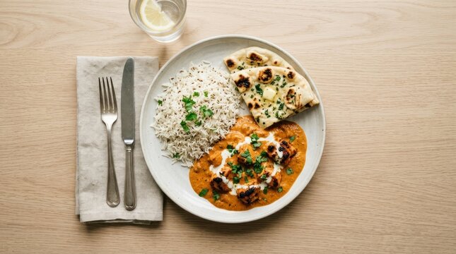 A plate of food with rice, naan bread, and a curry dish on a wooden table.