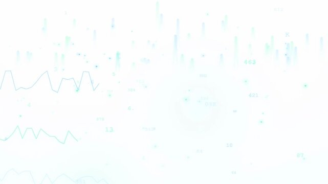 Abstract Digital Data Visualization with Floating Numbers and Moving Graphs on White Background