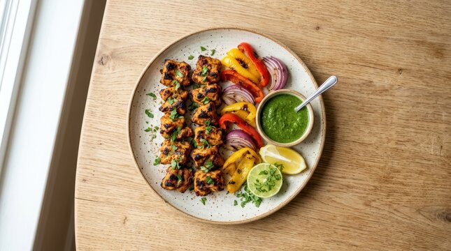 A plate of grilled chicken tikka skewers with vegetables and a side of green chutney and lemon slices.