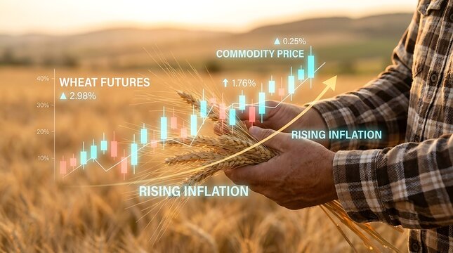 Farmer inspecting wheat in field with overlay of rising inflation and commodity price graphs indicating agricultural market shifts.