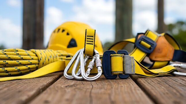 Close-up of yellow safety harness with ropes carabiners and hard hat on wooden deck outdoor setting.
