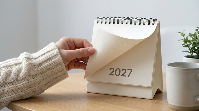 Person turning the page of a 2027 desk calendar