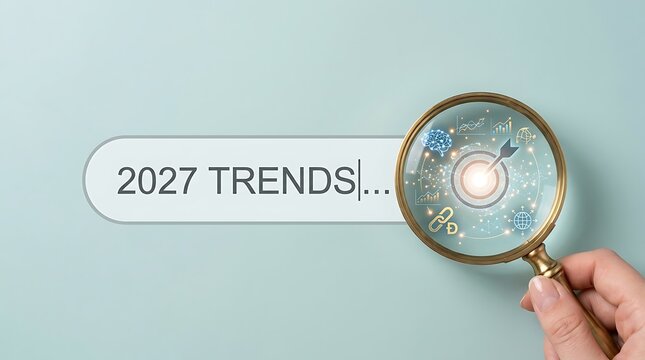 Hand holding magnifying glass over search bar with 2027 trends text