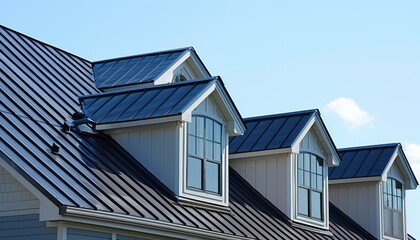 Fototapeta premium Modern residential architecture featuring stylish metal roofing and elegant dormer windows against a clear blue sky