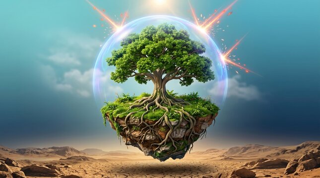 Green tree growing on floating earth island with protective bubble